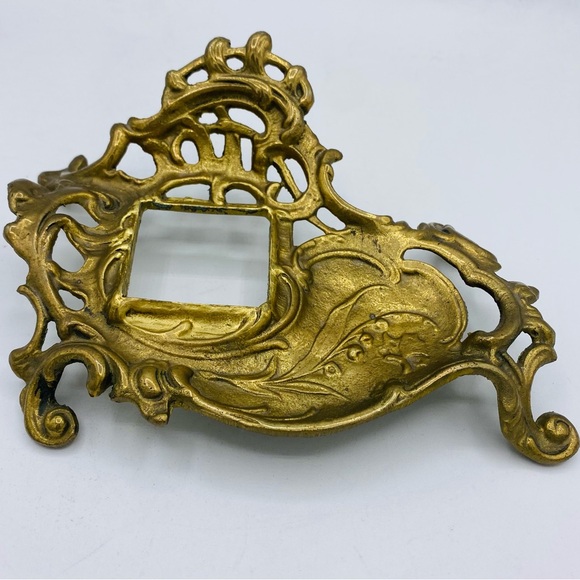 Antique Other - Antique Cast Brass Ornate Inkwell Stand Art Nouveau Style Floral Motif